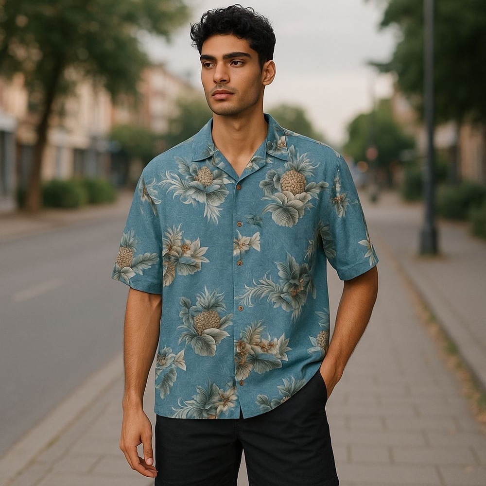Island Shores Men's Blue Floral Pineapple Print Coconut Button Up Shirt Size L
